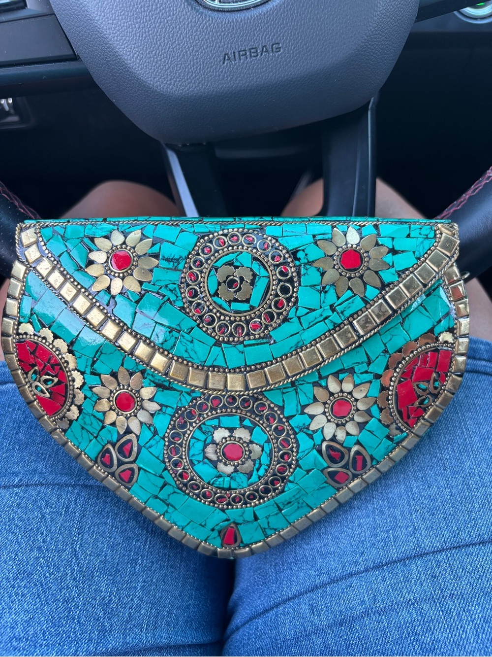 Turquoise Mosaic Embellished Half-Moon Clutch